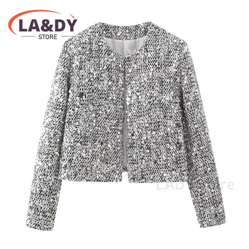 Women\'s Sequin Short Blazer Jacket 2024 New Female Fashion Street O Neck Long Sleeve Coats Outwear