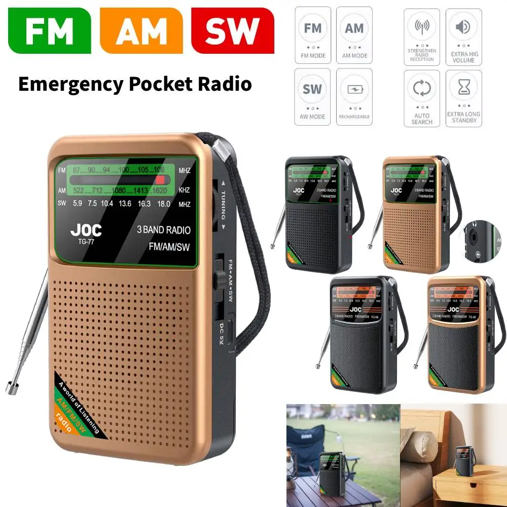 Rádio de Bolso de Emergência FM AM SW com Alto-falante Integrado, Rádio Transistorizado Recarregável Tipo-C para Idosos, Uso Doméstico e Caminhada