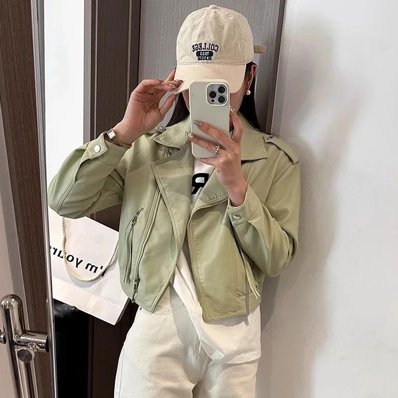 الكورية الأرجواني ضئيلة قصيرة فو بولي Leather سترة جلدية المرأة ربيع الخريف جديد التلبيب كم طويل دراجة نارية السائق سترة الشارع الشهير