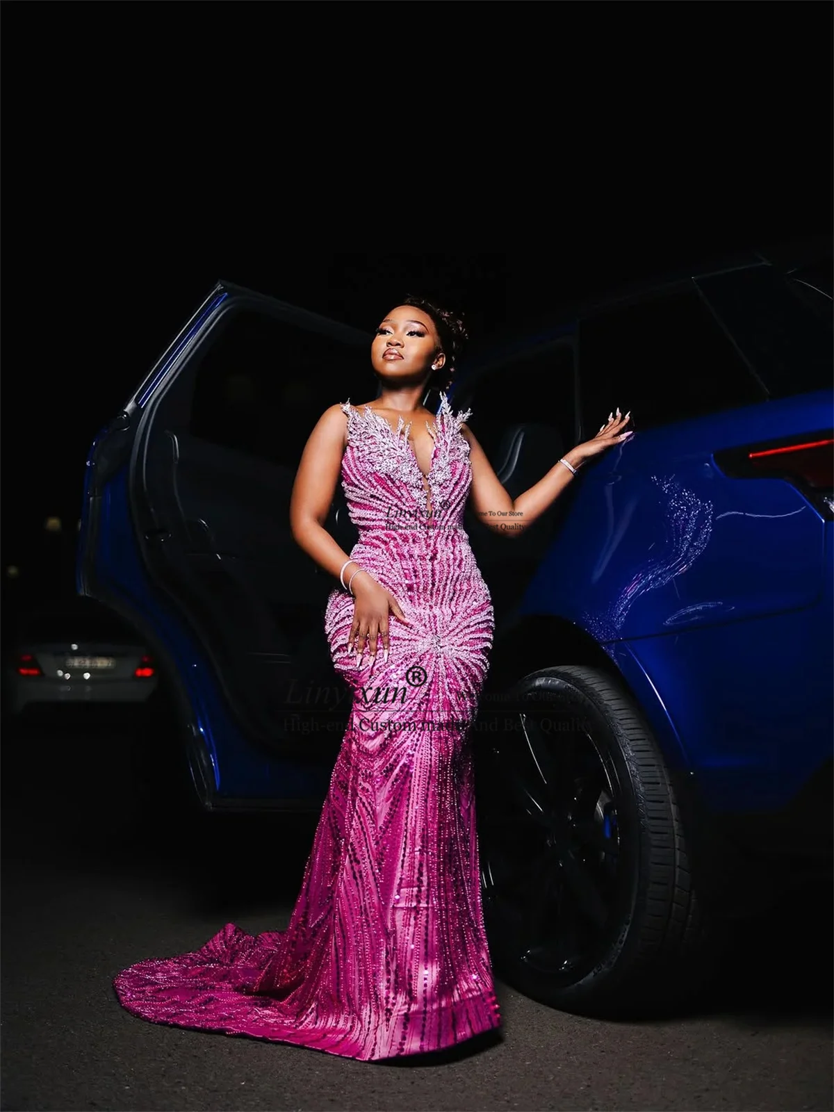 

Sparkly Crystals Diamond Mermaid Prom Dress Customized Aso Ebi 3D Floars Evening Gown African Dubai Wedding Party Gala Dress