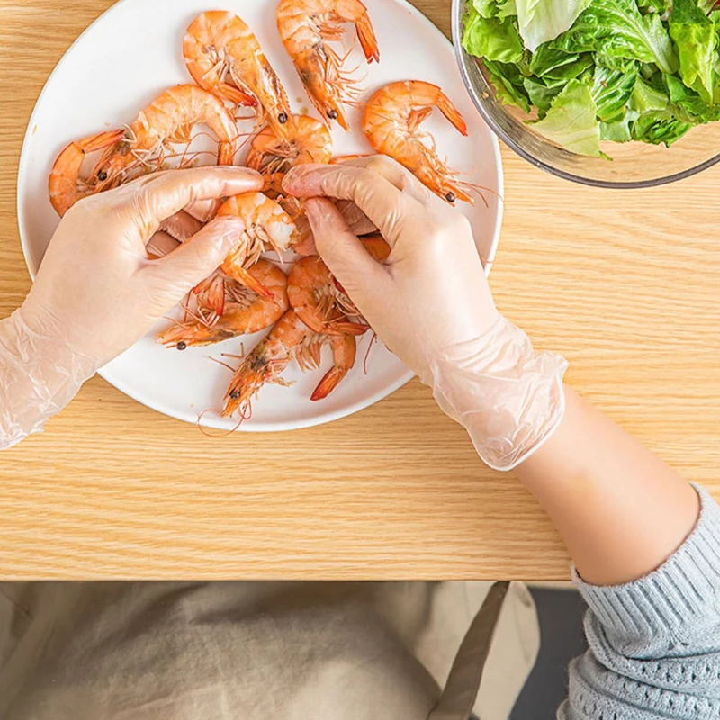 100 pz/scatola Guanti Senza Lattice TPE Guanti Usa E Getta Trasparente Antiscivolo Acido Sicurezza Sul Lavoro Grado Alimentare Guanti Per La Pulizia Della Casa