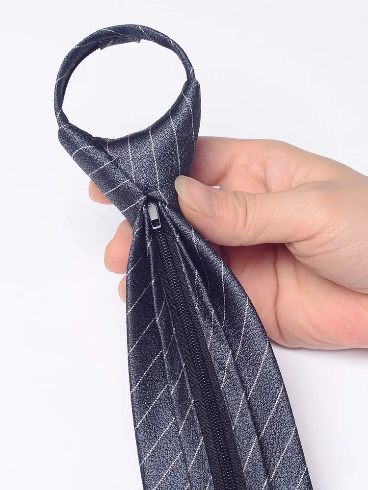 High Quality Gray White Stripe Zipper Tie For Men's 8CM Standard Formal Shirt Accessories For Business Banquets Knot Free Cravat