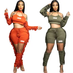 Customized LOGO women's clothing spring and summer fashionable and sexy hollow 2-piece set neck fringed set