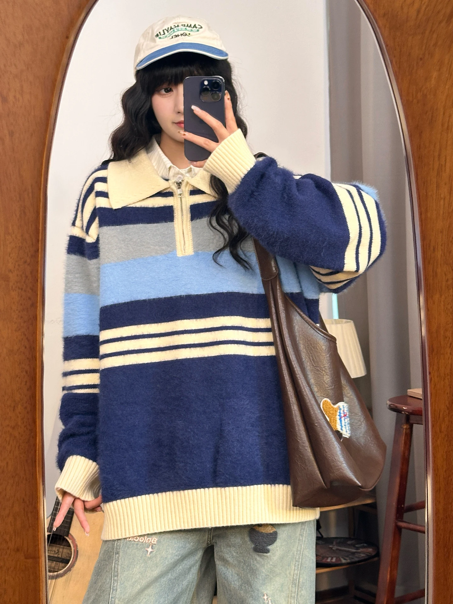 

Оригинальный японский винтажный цветной полосатый свободный вязаный свитер, женский ленивый топ, уличная мода, осень-зима