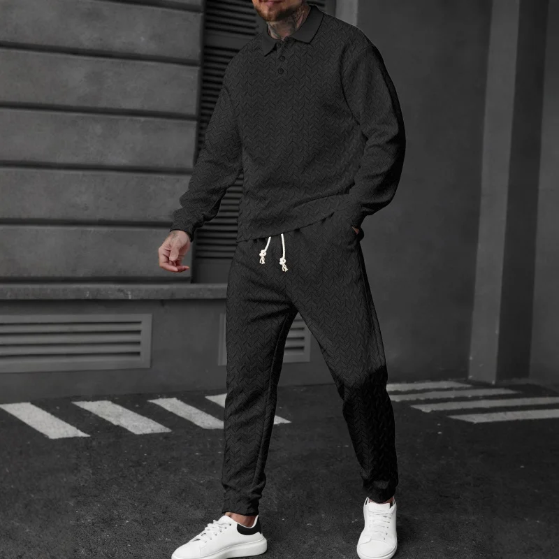 قميص بولو رياضي بأكمام طويلة للرجال من MenPOLOMEN مع نسيج أذن القمح وسروال طويل