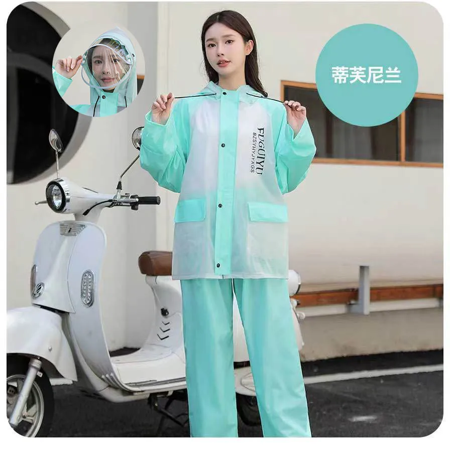 Summer Thin Fashion Women Split Raincoat Jacket Rain Pants Suit PVC Waterproof HD Removable Double Hat Brim Rain Poncho Rainsuit