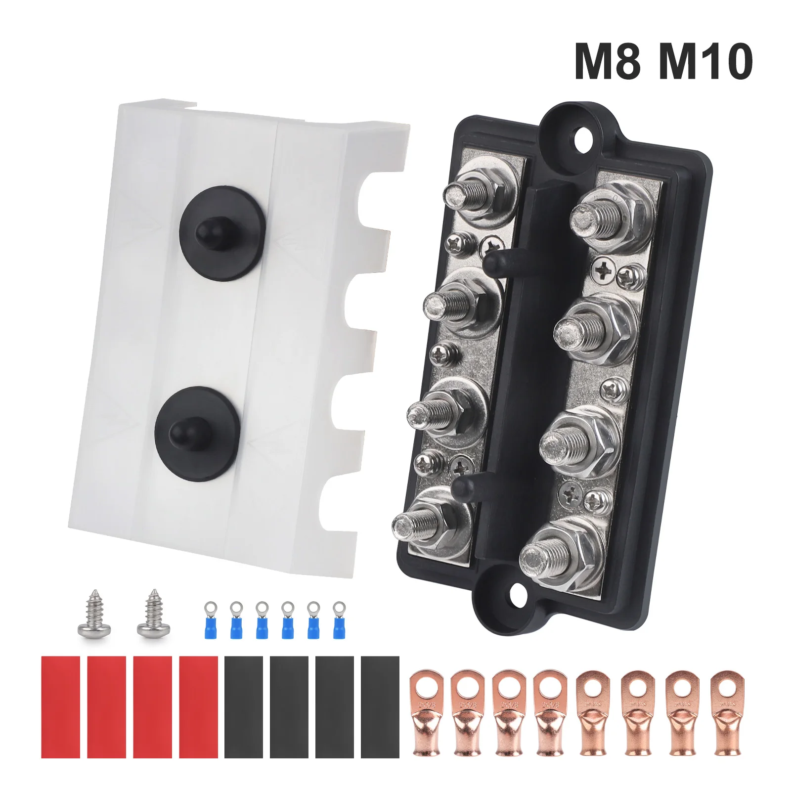 

8 Way M8 M10 Bus Bar 12V-48V 250A DC Heavy Duty Positive Negative Power Busbar Battery Terminal Studs Box Distribution Block Box