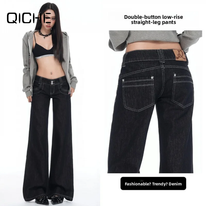 QICHE 2026 Autumn Winter Women American Raw Denim Straight Bootcut Pants, Low Rise Double Button Slim Jean Trousers