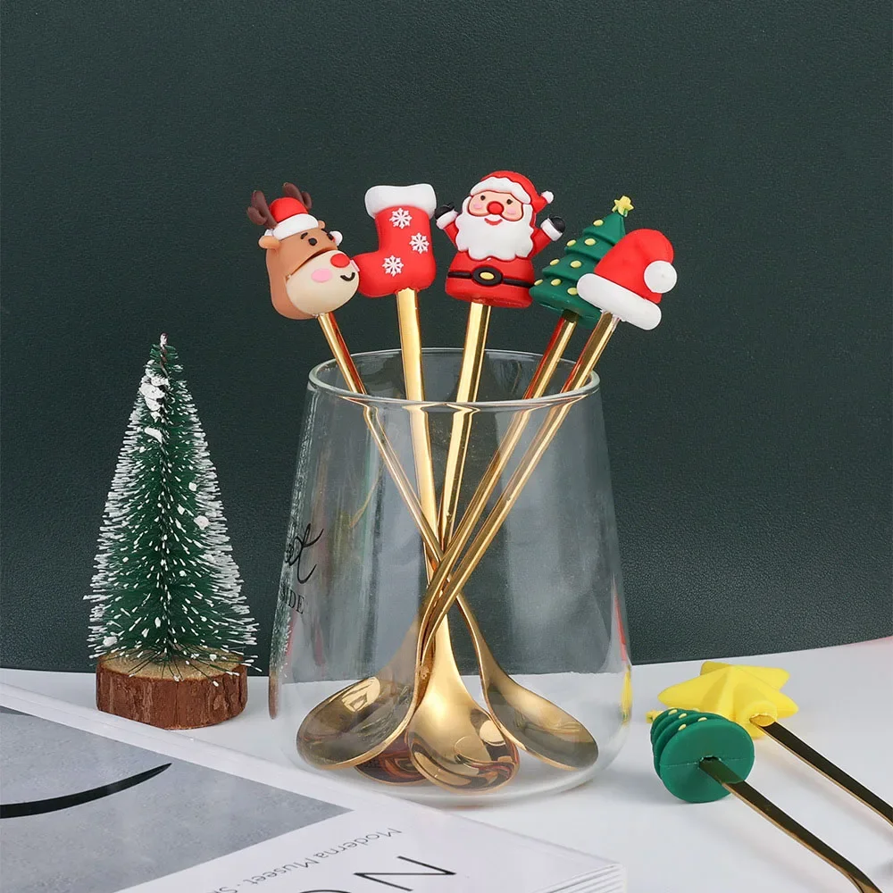 4/6Pcs Christmas Coffee Spoons Forks Set Stainless Steel Spoon Forks with Christmas Gifts Box for Kids