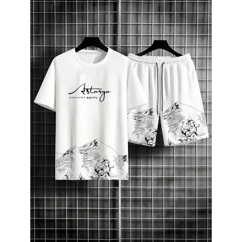Iceberg Print Summer Short-Sleeve T-Shirt Set Men's Loose-Fit Basketball Sports Two-Piece Set Quick-Dry Breathable Casual