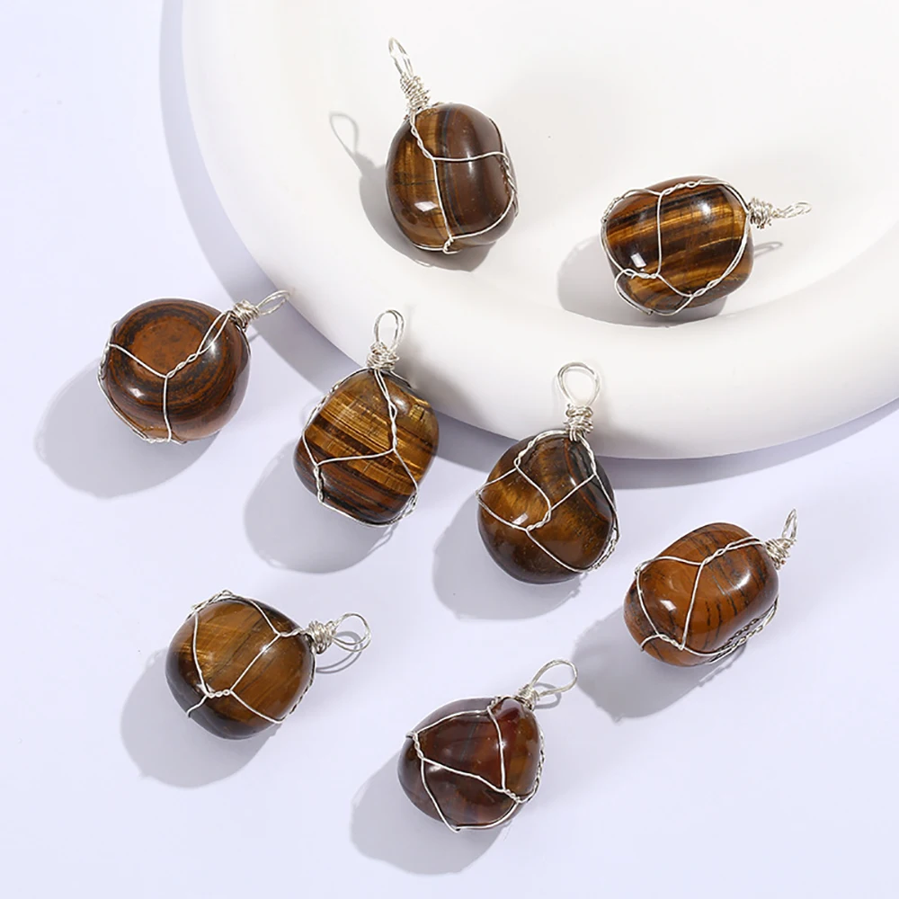 Natural Tiger Eye Stone Silver Wire Wrapped Pendant Chakra Healing Crystals Confidence Luck Prosperity Irregular Tumbled Stones