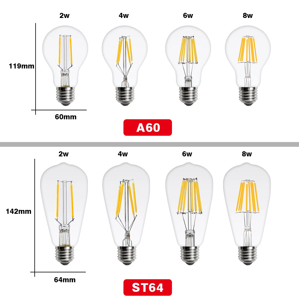 레트로 LED 에디슨 전구, 가정용 LED 필라멘트 전구 램프, 빈티지 유리 전구, 촛불 조명, E27 E14, AC220V, G45, A60, ST64, G80, 10 개/로트