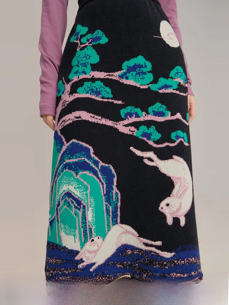 

Оригинальный дизайн: вязаная юбка А-силуэта средней длины с винтажным узором «Лунный кролик» для женщин, осенняя, для повседневной носки, стандартный крой