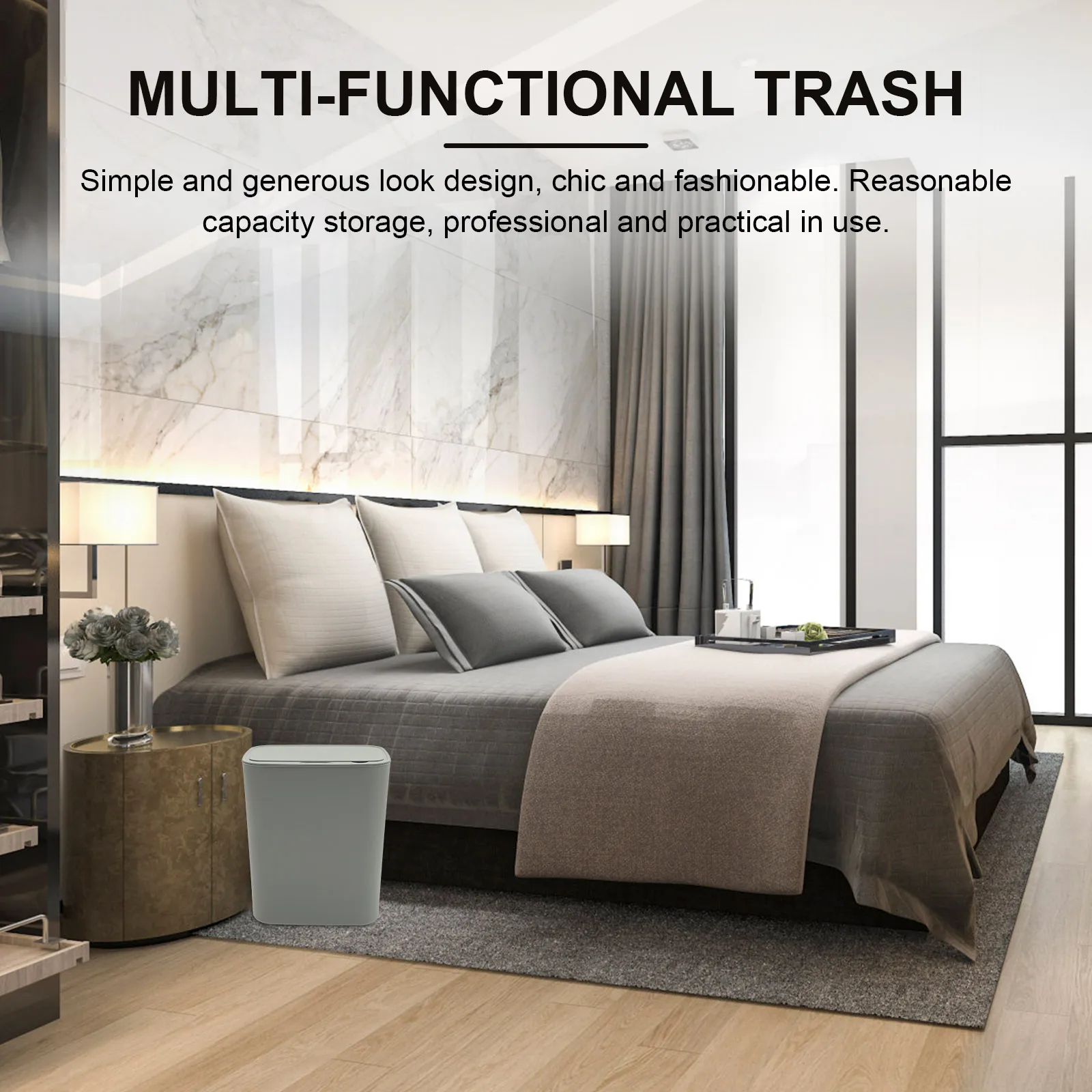 1pc Smart Inductive Trash Can Household Automatic Garbage Bin Silent Eco-Friendly Bedroom Study Use Grey Color Garbage Storage