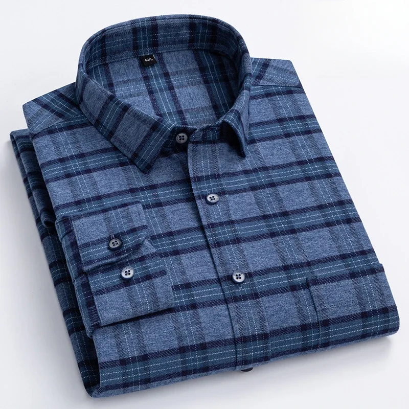 Hight qulity 100%cotton sanding plaid long-sleeve shirts for men slim fit casual plain shirt soft elegant single pocket clothes