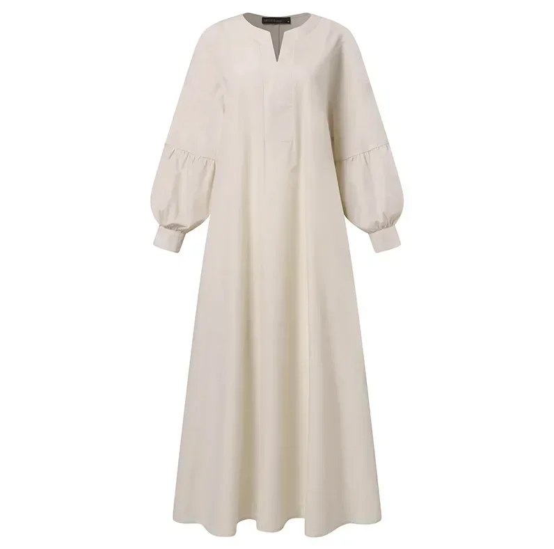 Femmes col en v à manches longues Abaya élégant Boho solide robe décontracté ample a-ligne robe printemps musulman vacances chemise robes robes