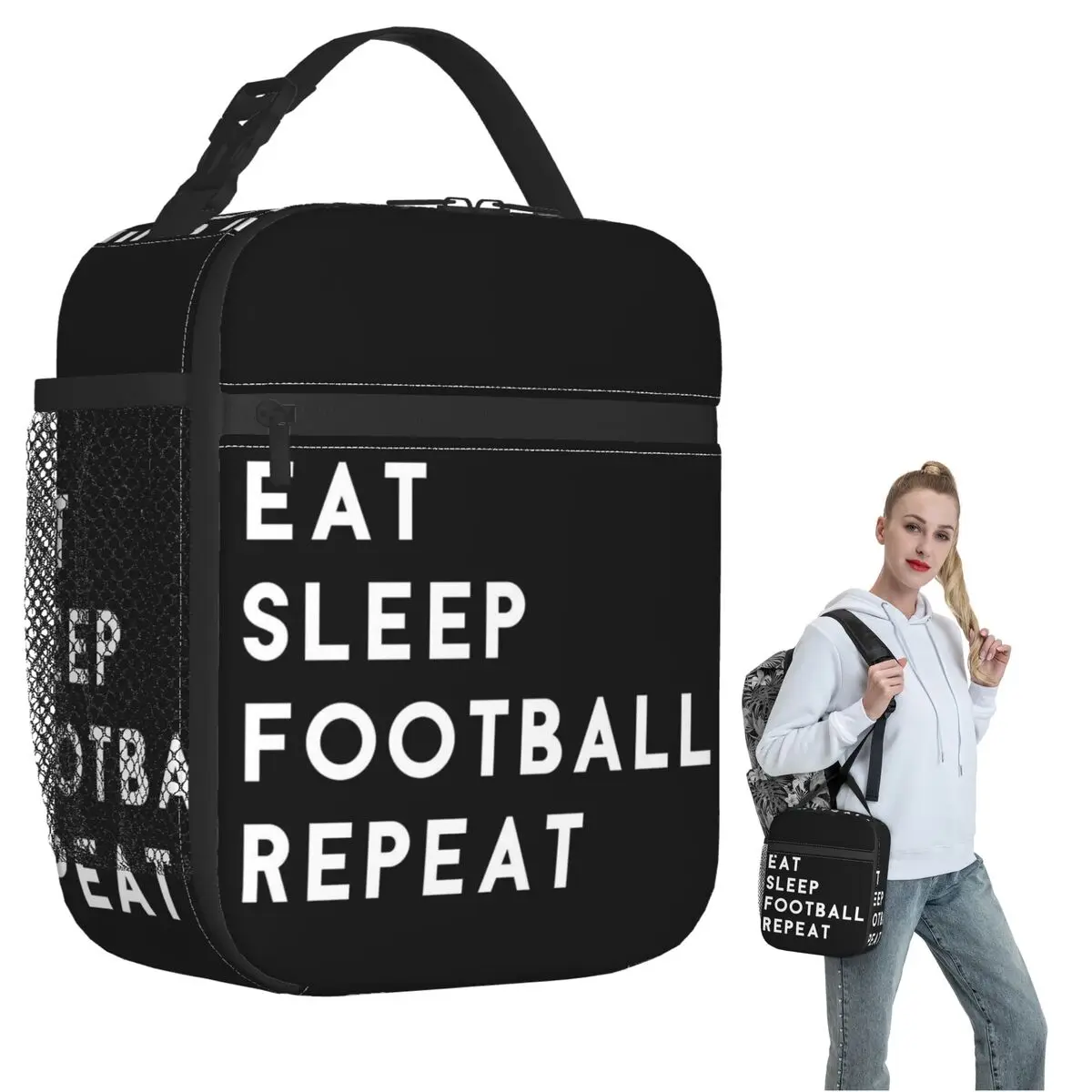 

Eat Sleep Football Repeat Insulated Lunch Bag for Women Kids Leakproof Food Boxes Thermal Lunch Box Tote