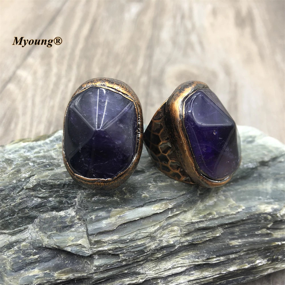 Boho Jewelry Bronze Plated Large Pyramid Shape Natural Rose Quartzs Amethysts Crystal Rings For Women MY220812