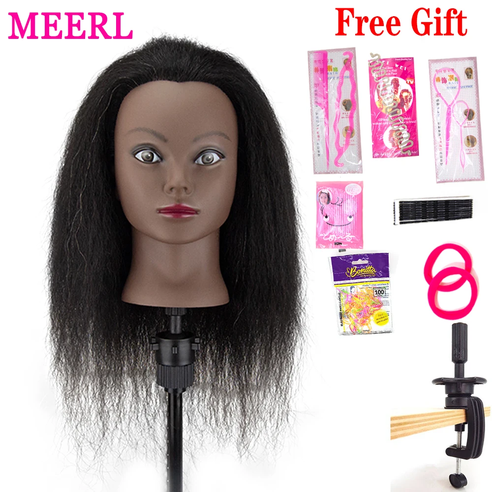 Afro Mannequin Head 100%Real Hair Styling Head Braid Hair Dolls Head For Practicing Cornrows And Braids With Table Clamp Stand