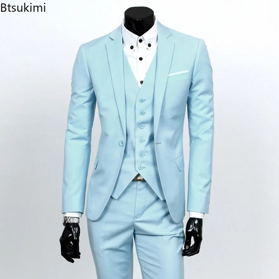 New Men\'s Fashion Korean Slim Suits Sets Solid Blazer Jacket+Vest+Pants Three Pieces Sets Men Business Wedding Groom Blazer Sets