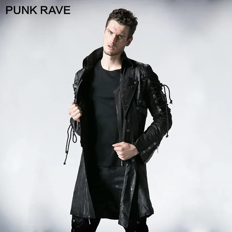 PUNK RAVE Punk Military Autumn Winter Jacket Western PU Leather Slit Unisex Gothic Retro Style Faux  Men Long Coats