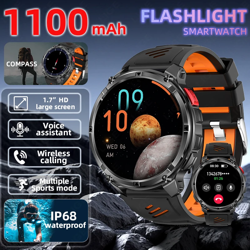 

LIGE Смарт-часы 1,7-дюймовый светодиодный фонарик 1000 мАч Большая батарея Bluetooth-вызов Спорт на открытом воздухе Компас Мониторинг здоровья Смарт-часы
