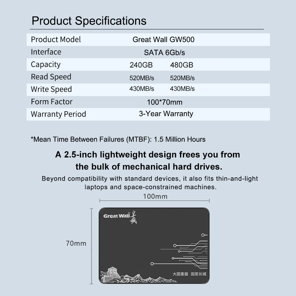 Great Wall SATA3 SSD Drive HDD Disco duro de 2,5 pulgadas 240 GB 480 GB Unidad de estado sólido interna para computadora portátil