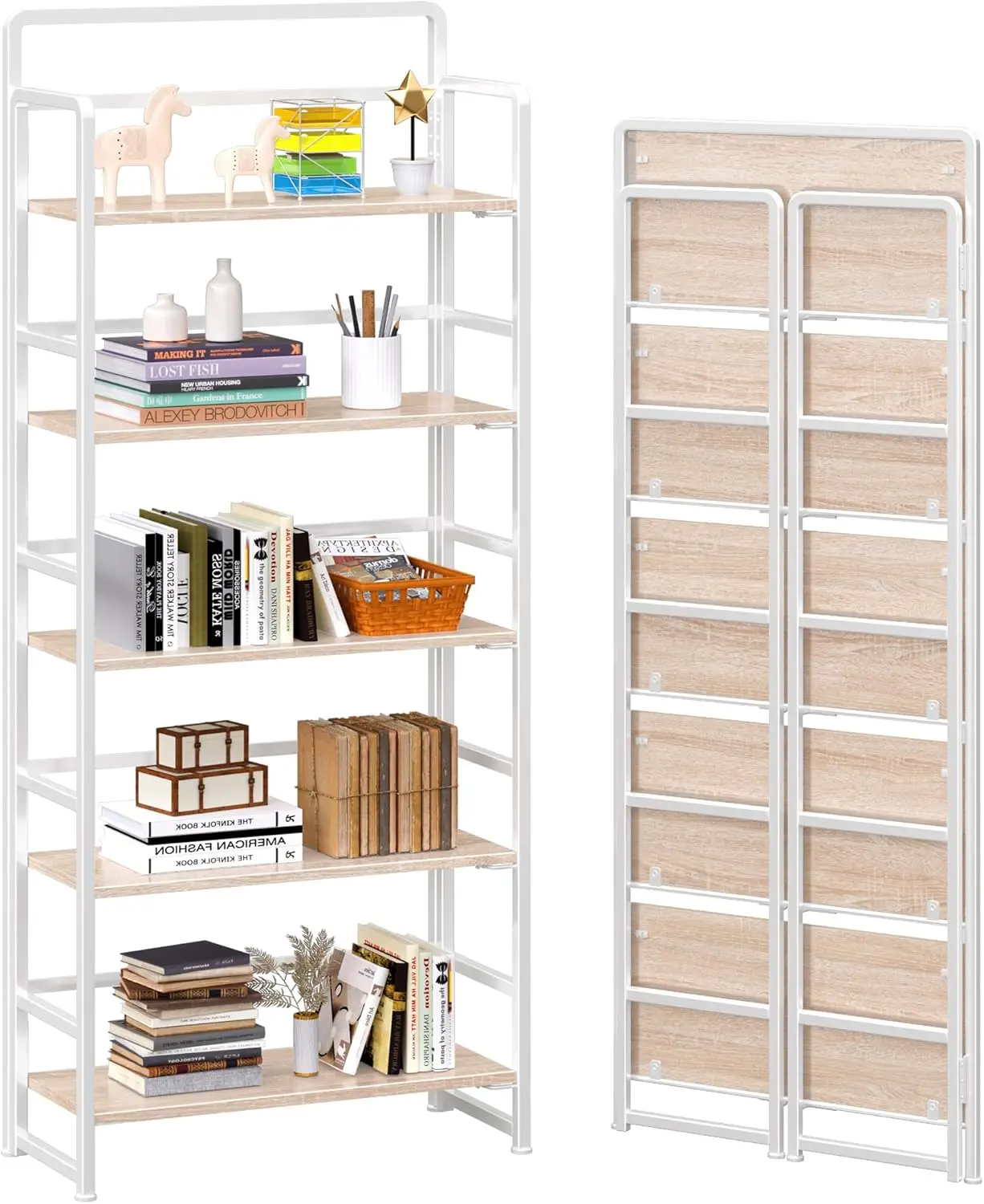 

No Assembly 5 Tiers Folding Bookshelf Storage Shelves Vintage Bookcase Standing Racks Study Organizer Home Office (Natur