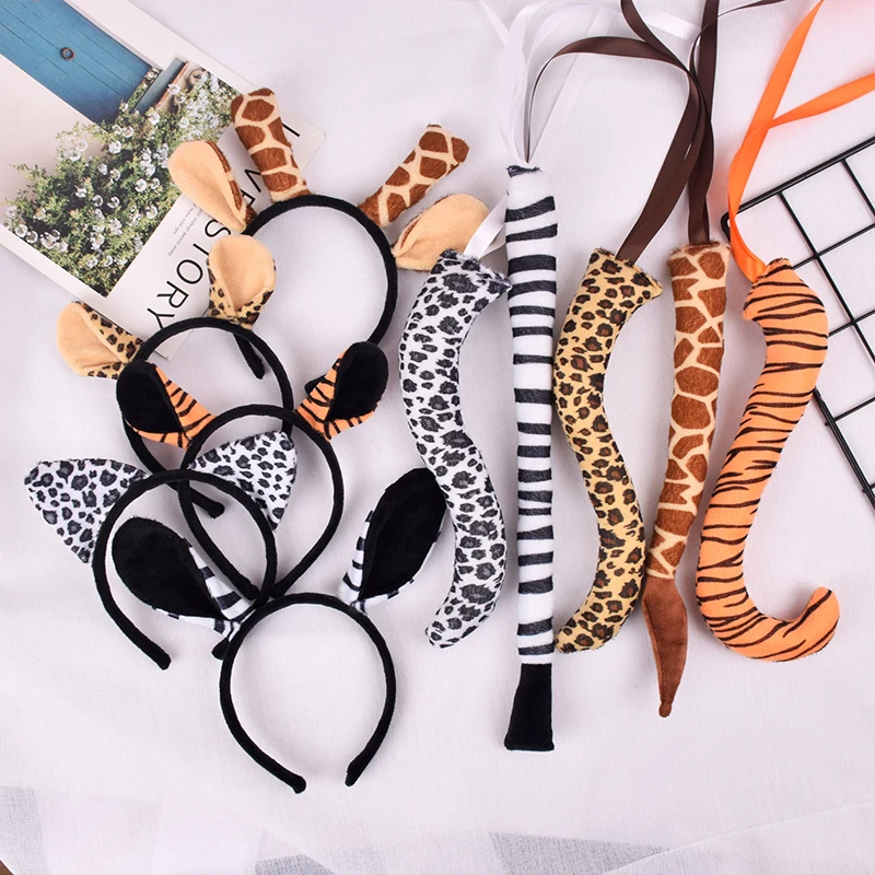 Halloween Animal Costume Tiger Giraffe Ears Hair Hoop Tail Set Cartoon Party Headdress Kids Adult Party Fancy Dress Props Gift