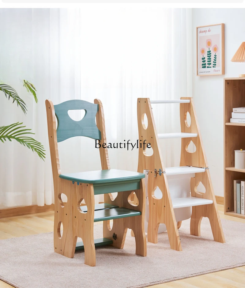 Thickened Solid Wood Household Multi-Functional Folding Dual-Purpose Ladder Indoor Mobile Climbing Four-Step Ladder