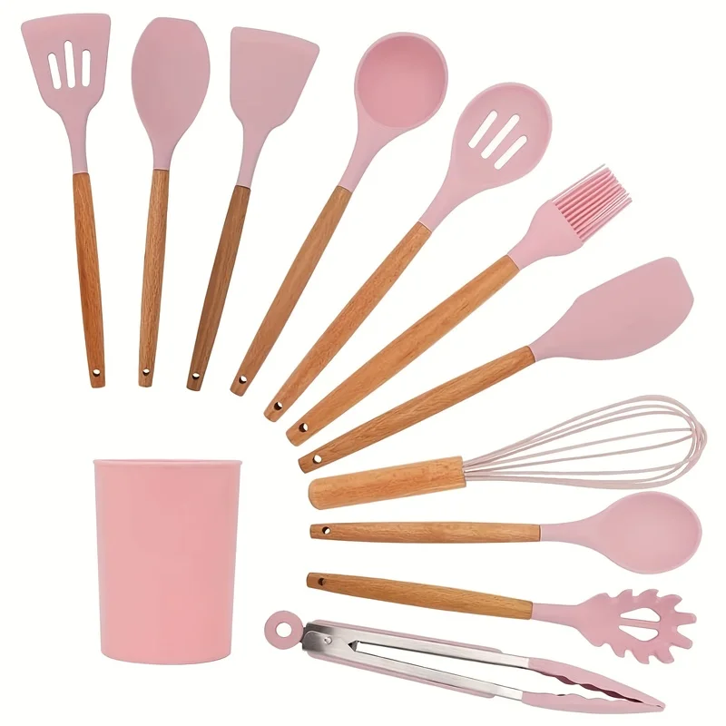 

Набор силиконовой кухонной утвари из 12 предметов с пластиковой подставкой, термостойкие кухонные инструменты с деревянной ручкой (розовый)