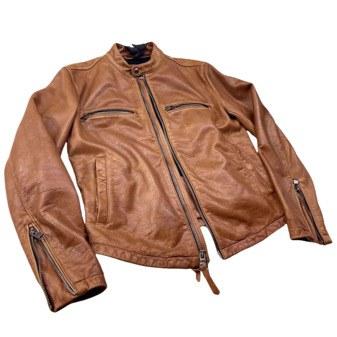 Vintage Brown Autumn Leather Jacket Men American Retro Style Plus Size 3XL Genuine Natural Cowhide Slim Fit Leather Coat