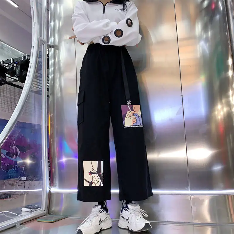 

2023 Anime Print High Waist Belt Wide Leg Pants Women Jogging Pants Korean Fashion Trousers Harajuku Loose Straight-leg Pants