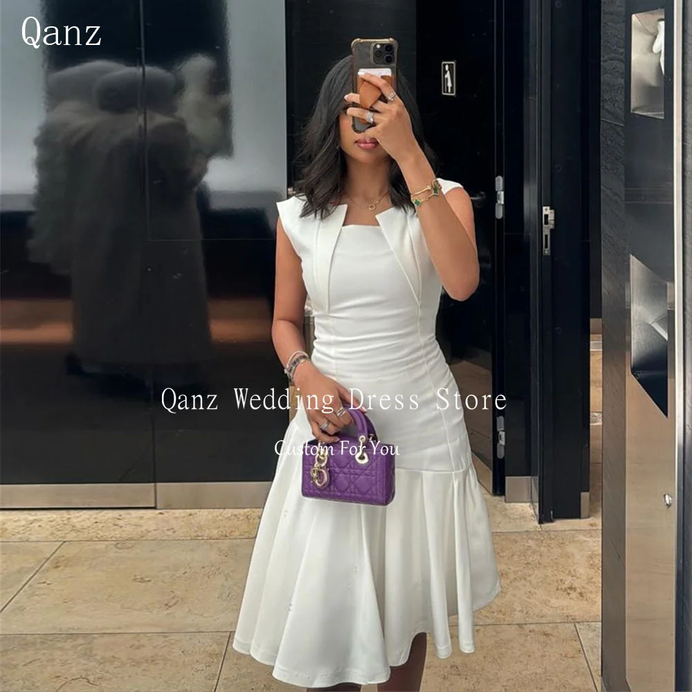 Qanz Arab Satin Wedding Party Dress Jacket Customized Vestidos De Novia Knee Length Vestidos Para Mujer Elegantes Fiesta Largo