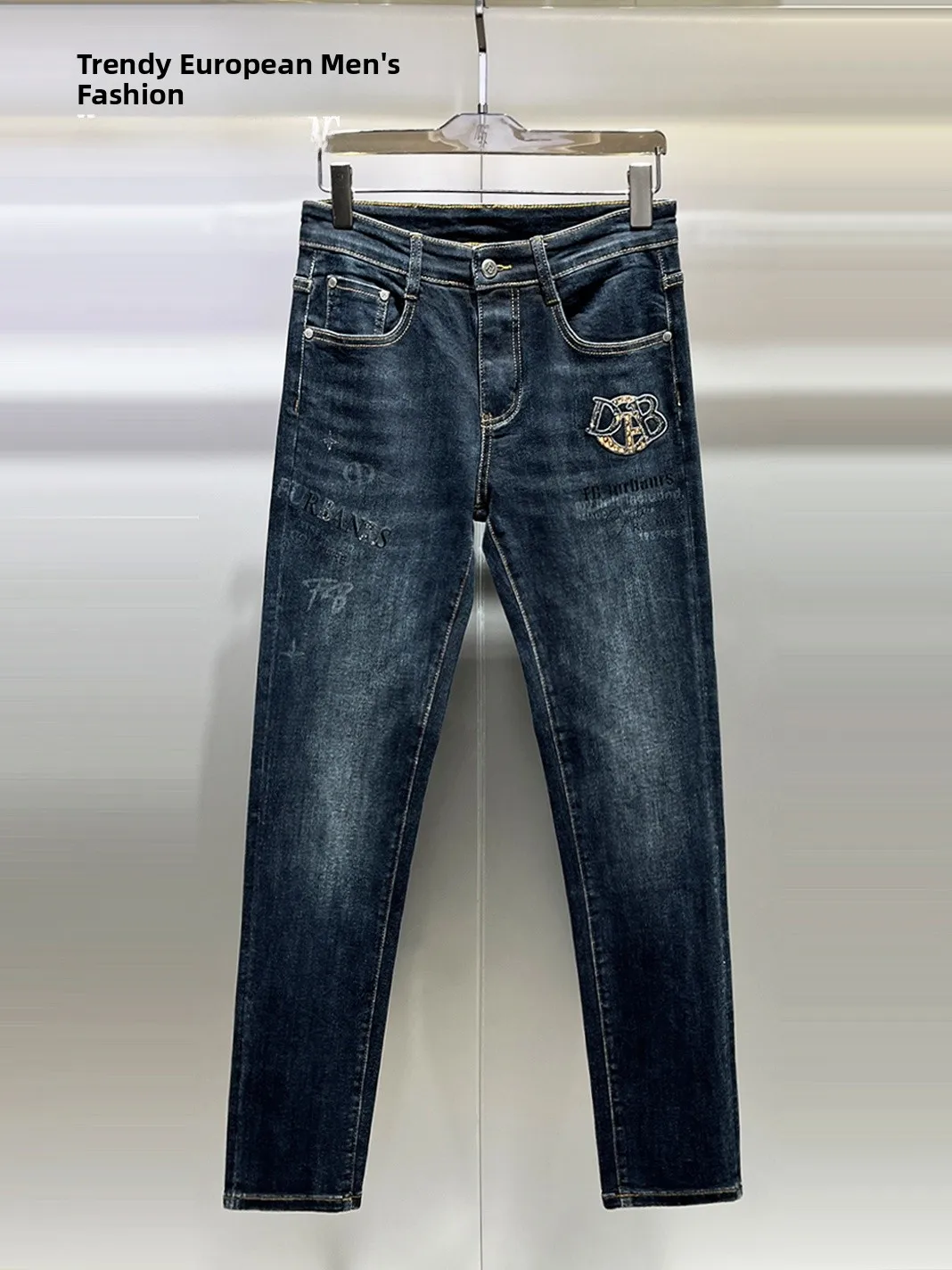 

Waed Blue Jeans Men's Faion Letter Embroidery Slim Fit Trendy Long Pants Autumn Winter Casual Wear Skin-friendly Breathable