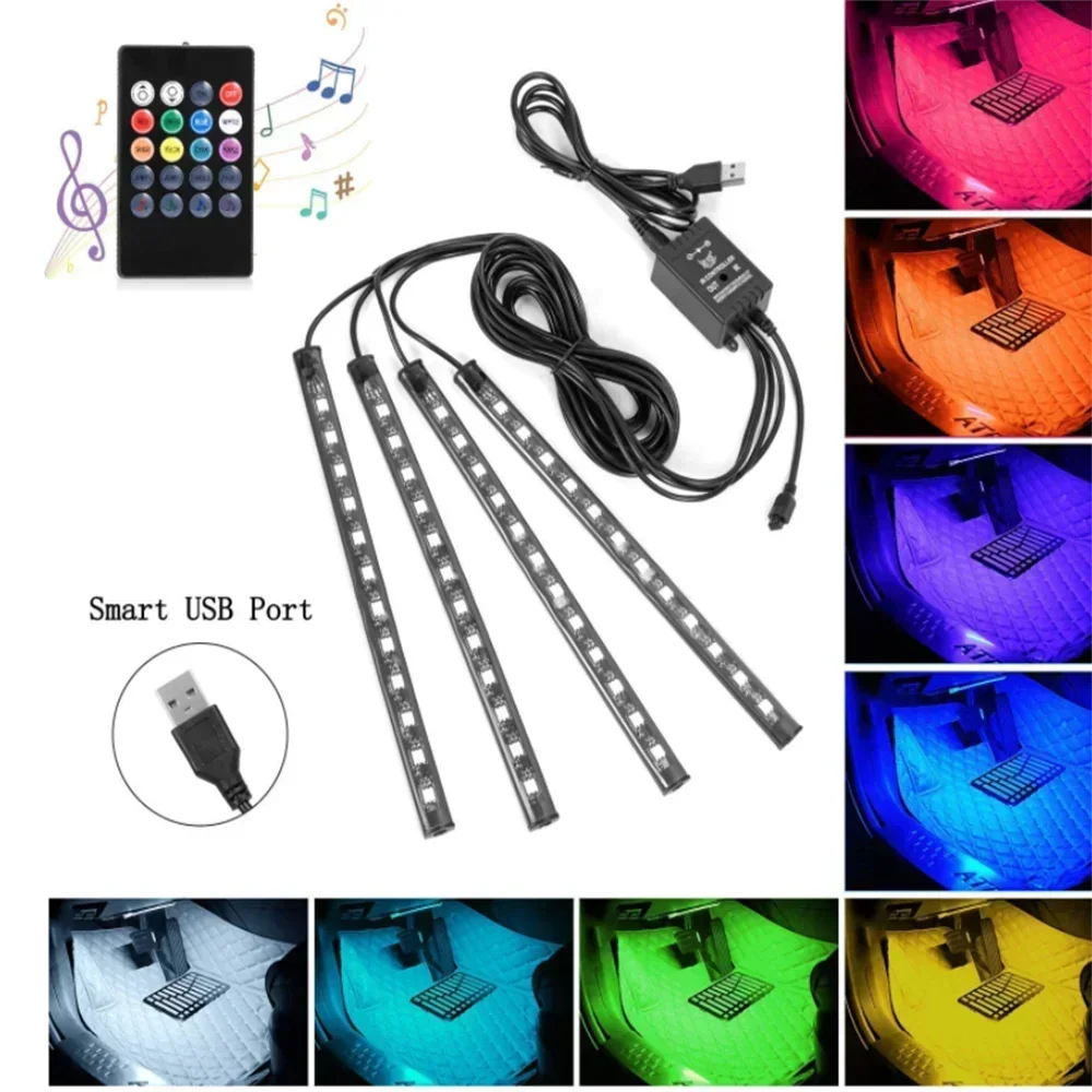 

4X 36 48 72Led Car RGB USB LED Strip Light Interior Styling Decorative Atmosphere Lamps Auto With Remote Voice Controlled Rhythm