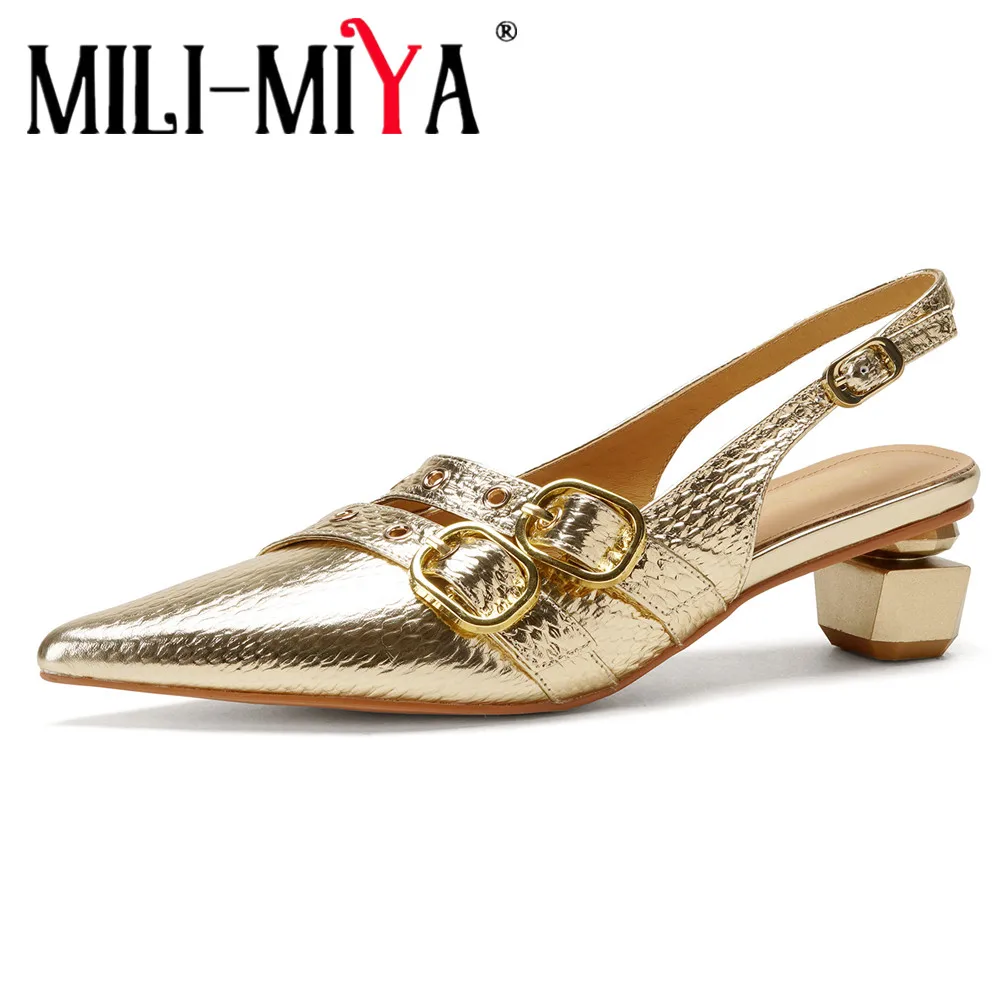 

MILI-MIYA Women's New Arrival Metal Snake Pattern Cowhide Pointed Toe Square Heels With Empty Back Straight Buckle Strap