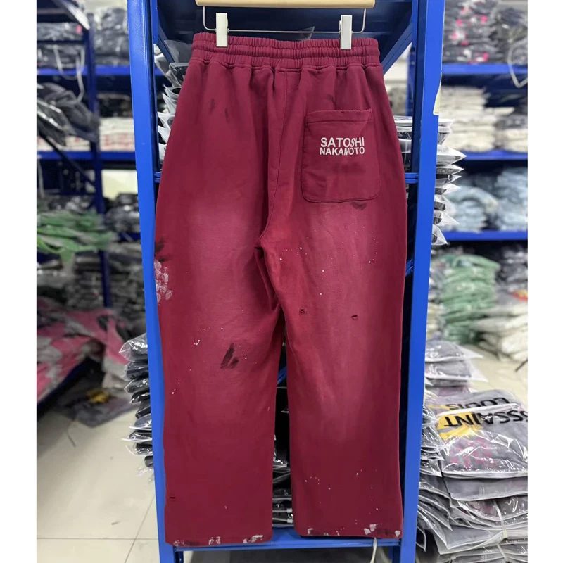 New SS26 Lace Up Worn Mid Waist Splashed Ink Washed Damaged Sports Satoshi Nakamoto  Casual Pants