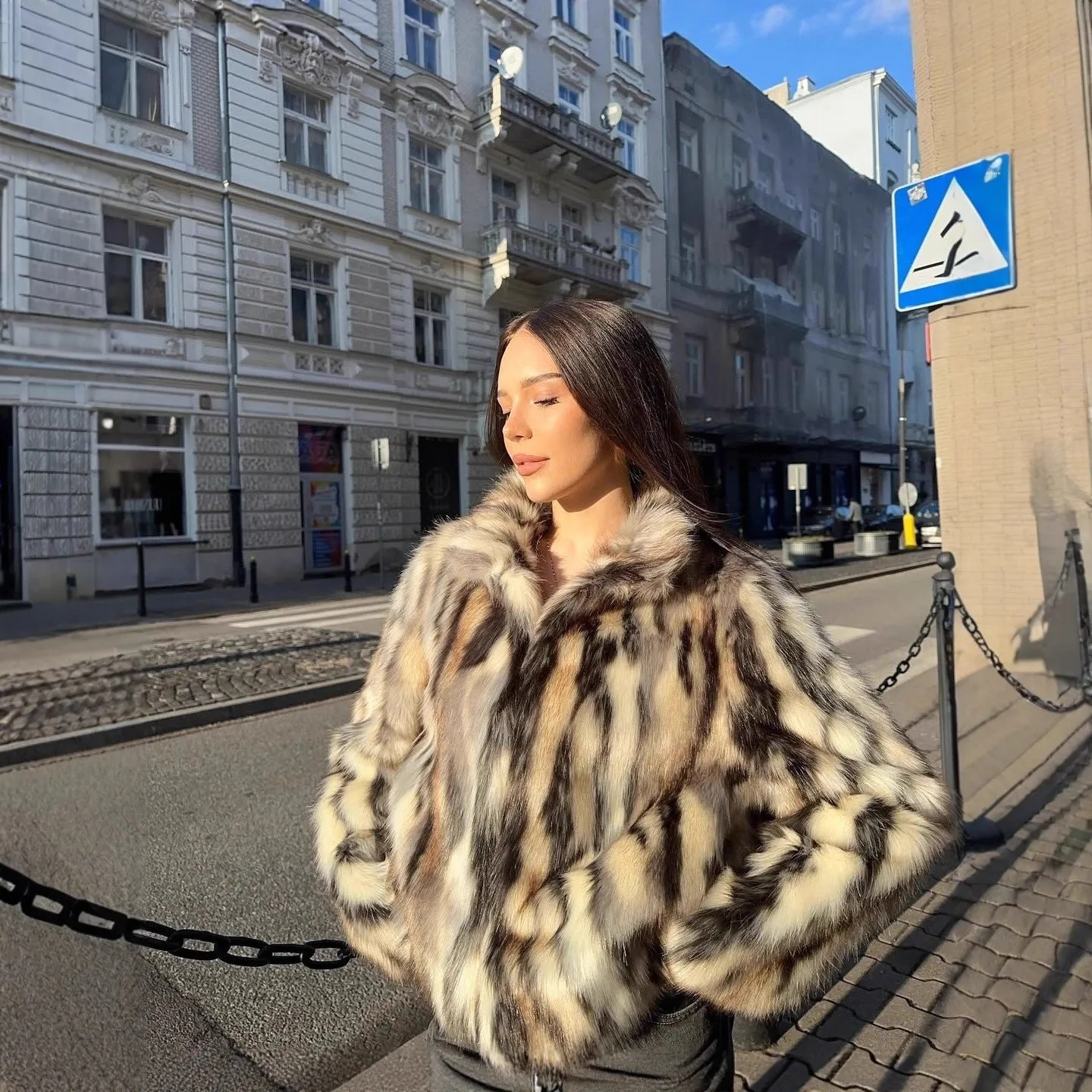 Faionable Kunstfell Jaet Damen Herbst Winter Bla White Spot Pattern Top Oberbekleidung Jugend Loose Fit Thiened