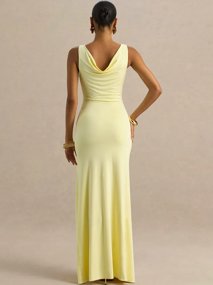 Absobe Women's Swing Collar Ruched Slit Maxi Dress Patchwork 3D Flower Sexy Sleeveless Slim Tank Long Dress Elegant Partywear