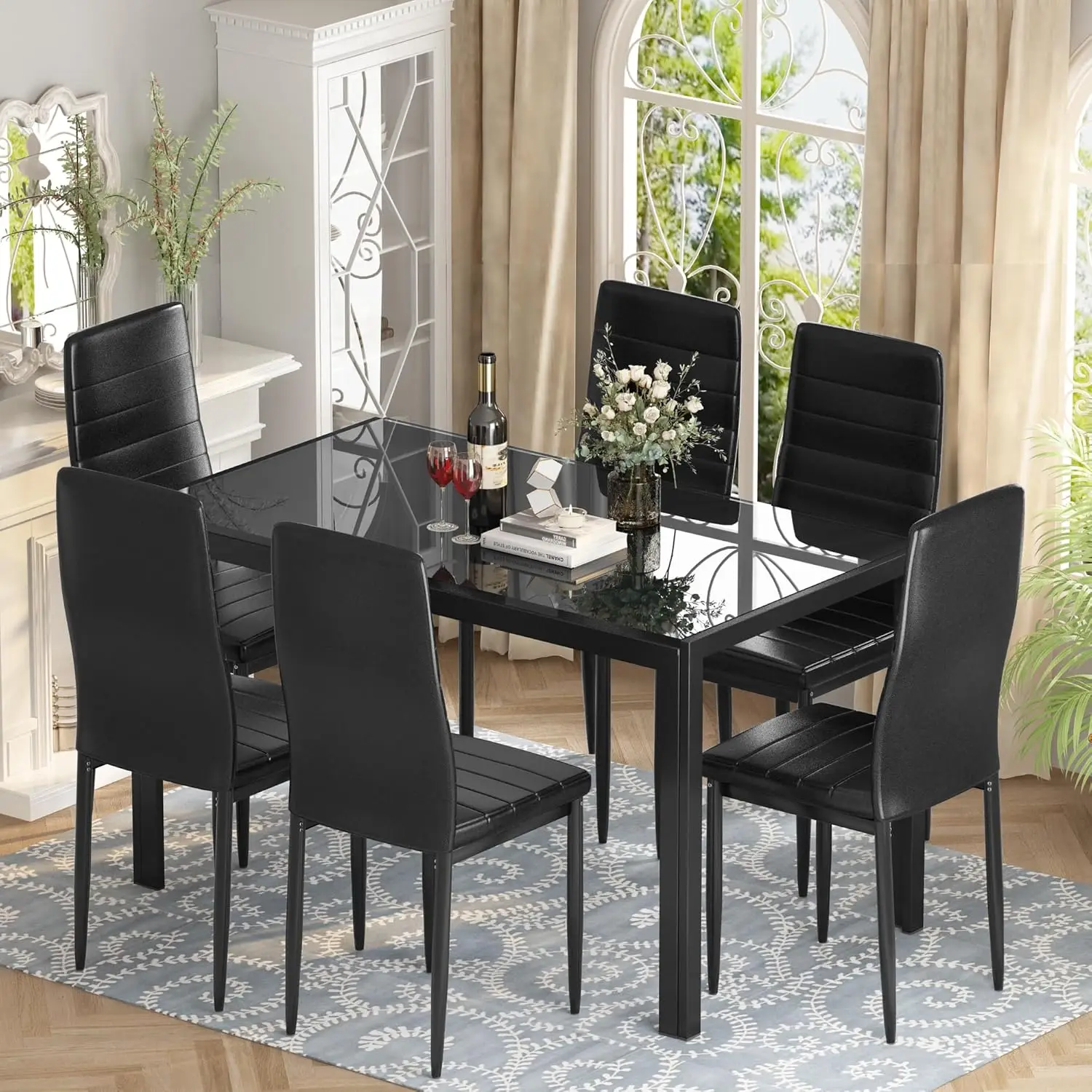 NEW 7 Piece Kitchen 6 Person, Tempered Glass Table and PU Leather Chairs Modern Dining Room Sets for Small Space, Black