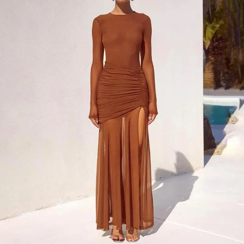 فستان نسائي جديد لعام 2025 برقبة دائرية وأكمام طويلة شبكي بفتحة عالية، تنورة طويلة عصرية وأنيقة #3