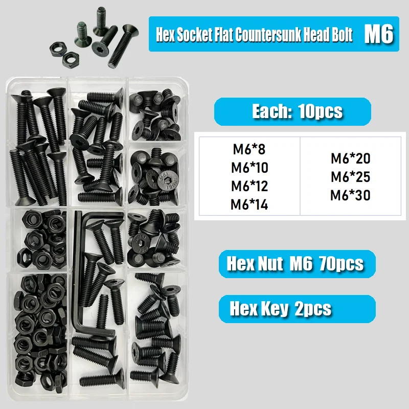 Senkkopf-Sechskantschrauben-Muttern-Set mit flachem Kopf, M2, M3, M4, M5, M6, schwarzer Stahl der Güteklasse 10,9, Innensechskant-Inbusschraube mit Senkkopf – Detail 9