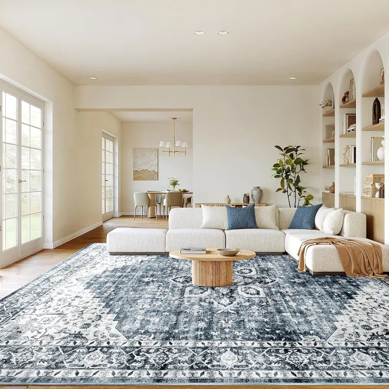 

8x10 Washable Area Rug, Low-Profile Large Area Rug with Non-Slip Backing & Durable Edge Binding, Vintage Large Rugs for Living