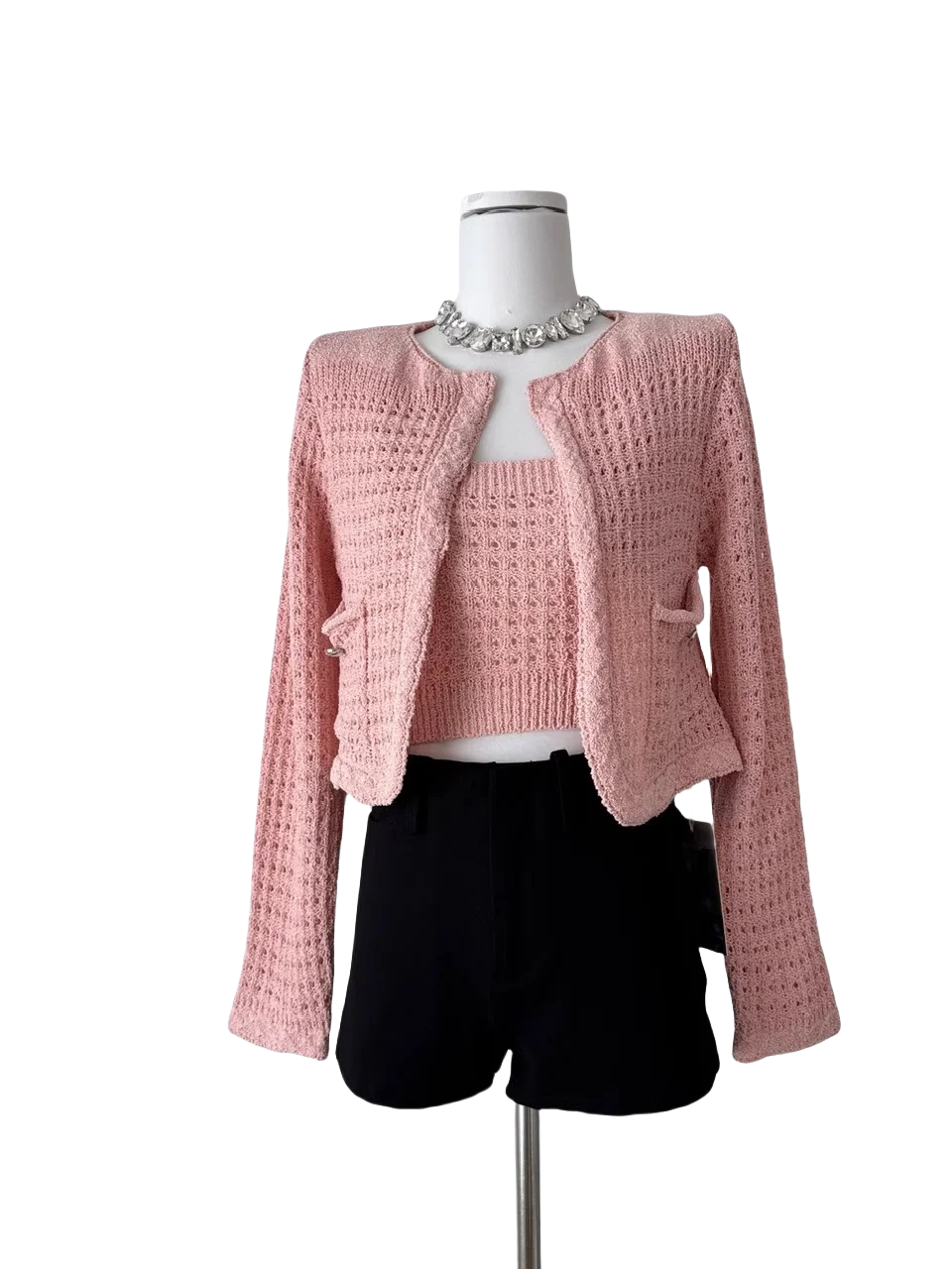 Pink Hollow out ort Cardigan Jaet Slimming Base Layer Romantic Encounter with Ele Lady Faion Set for Young Women