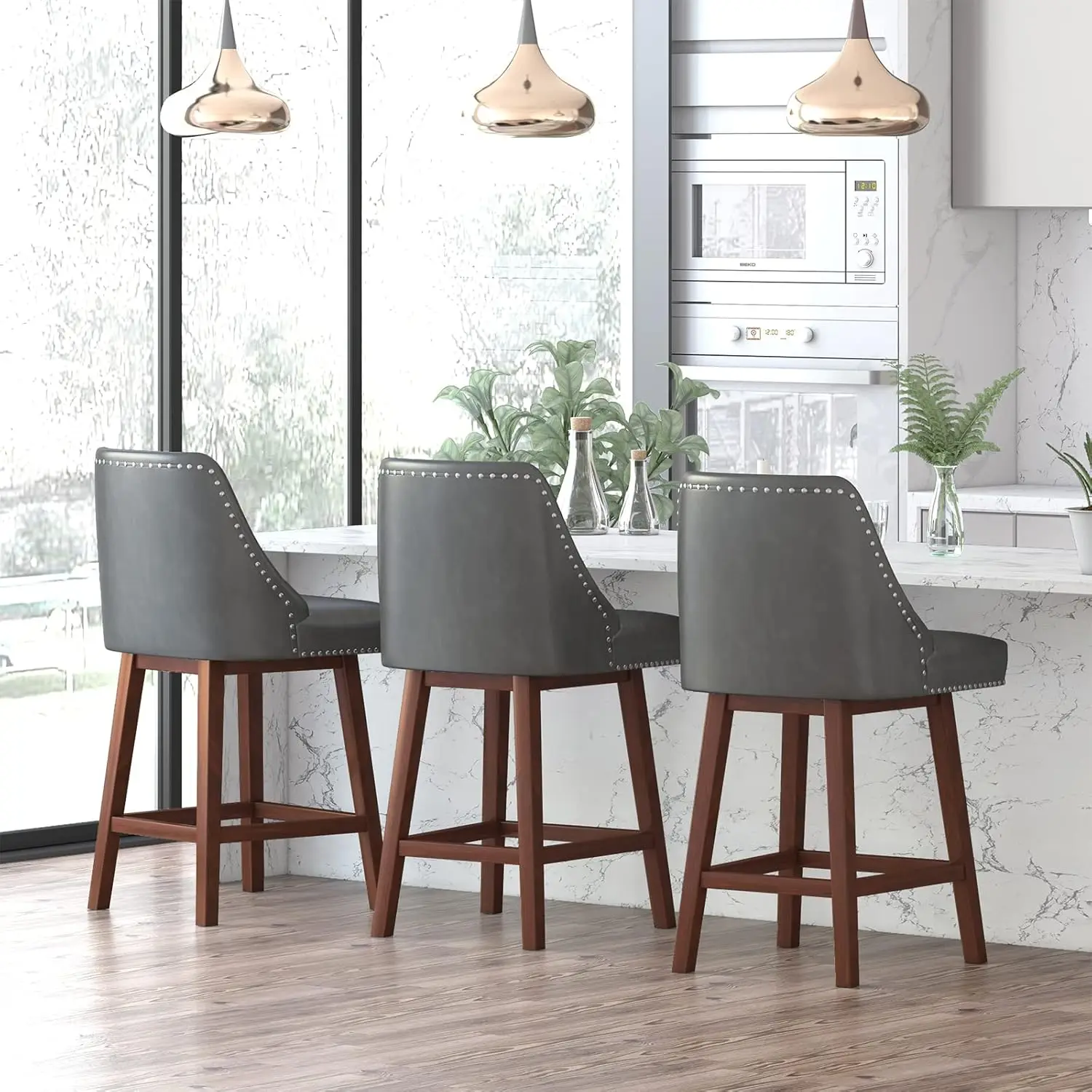 Counter Height Bar Stools Set Of 3, 26"" H Swivel Barstools With Back, Synthetic Leather Counter Stool, Solid Wood Legs,