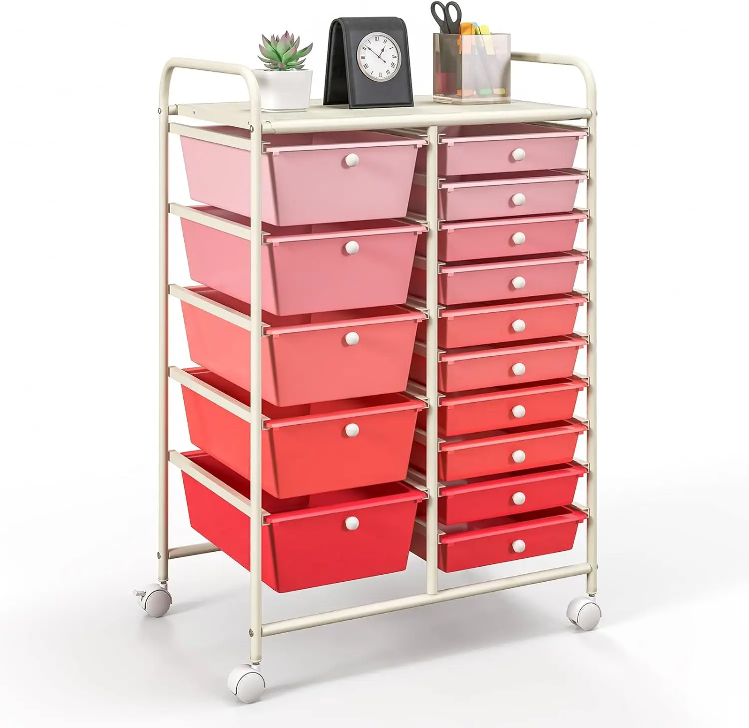 

15-Drawer Rolling Storage Cart, Multipurpose Movable Organizer Cart, Utility Cart for Home, Office, School, Pink