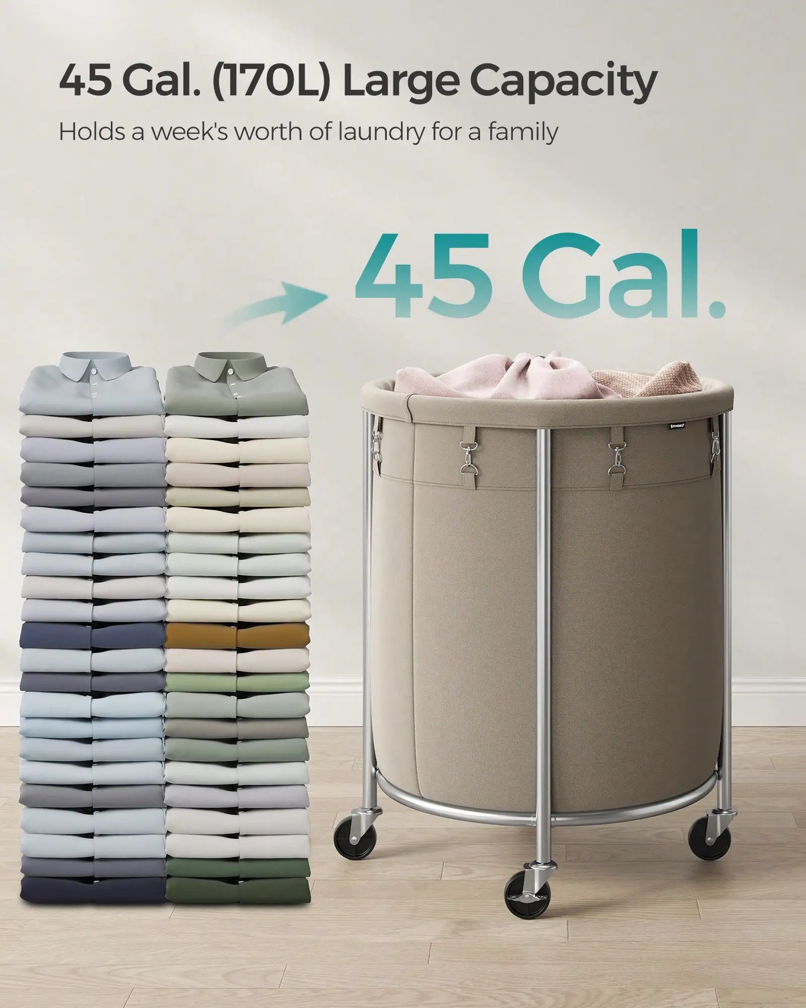 Laundry Basket With Wheels, Rolling Laundry Hamper, 45 Gal., Round Laundry Cart With Steel Frame And Removable Bag, 4 Casters And 2 Brakes