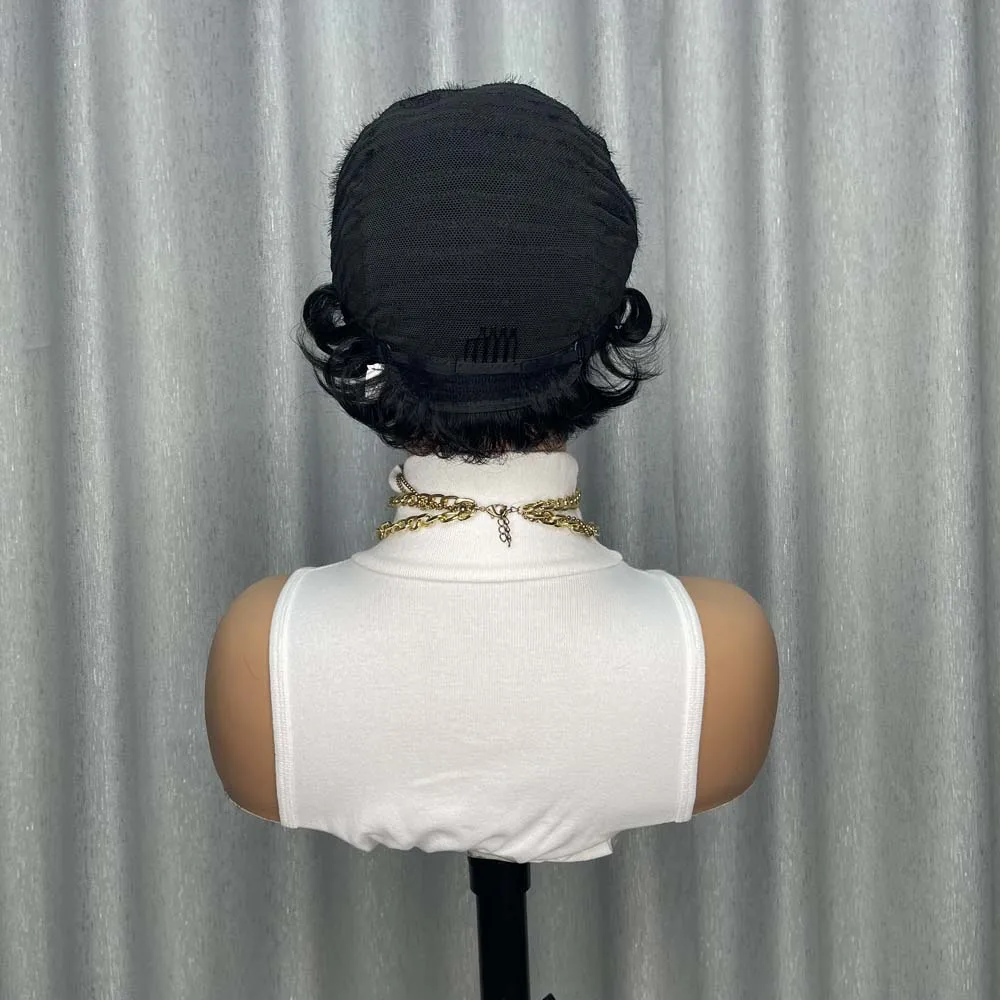 흑인 여성용 픽시컷 가발, 앞머리 있는 짧은 레이어드 가발, 자연스러운 검정색 인모 기계식 가발, 데일리용