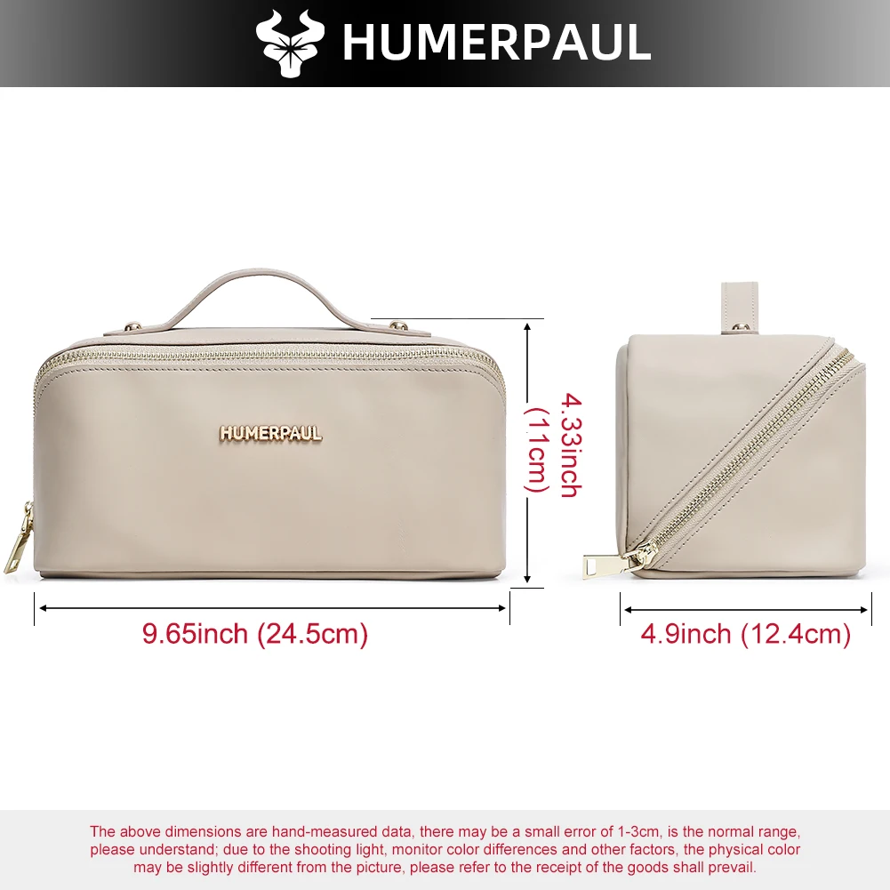 HUMERPAUL Women Full Grain Leather Makeup Bag Portable Travel Cosmetic Organizer with Top Handle Large Capacity Toiletry Bag - view 3